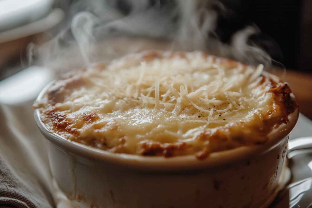 Shredded Provolone Cheese: Unlock Its Delicious Secrets 2 Close Up Of A Freshly Baked Casserole With A Golden, Bubbly Layer Of Melted Shredded Provolone Cheese, Served In A White Ceramic Dish With A Linen Napkin And A Serving Spoon Nearby.