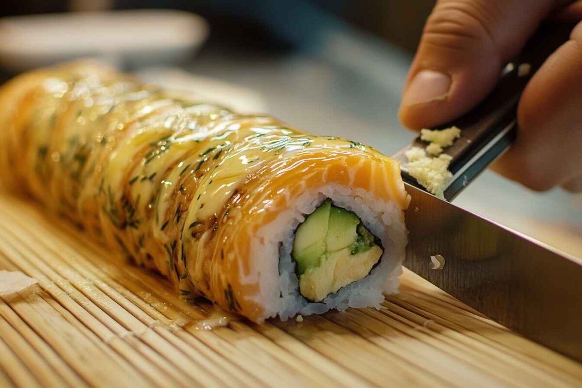 Boston Roll Ingredients And Variations You’ll Love To Try 3 Close Up Of A Homemade Boston Roll Being Sliced, Showing Vibrant Layers Of Shrimp, Avocado, And Cucumber.