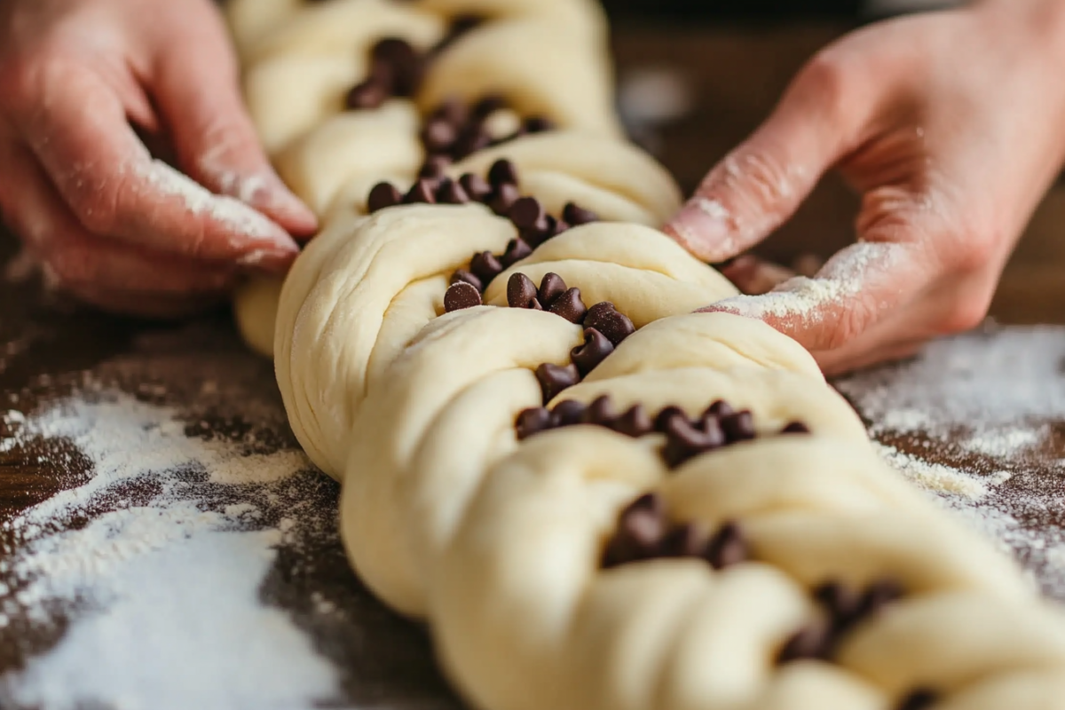 The Ultimate Braided Chocolate Chip Brioche Recipe You’ll Ever Need! 2 Close Up Of Chocolate Chip Brioche Dough Being Braided By Hand On A Floured Surface.