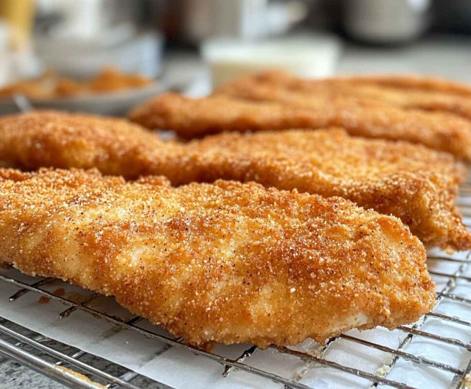 The Best 1 Crispy Burger Recipe That Rivals Your Favorite Restaurant! 2 Close Up Of Freshly Fried Crispy Chicken Fillets On A Cooling Rack, With Ingredients For The Coating In The Background.