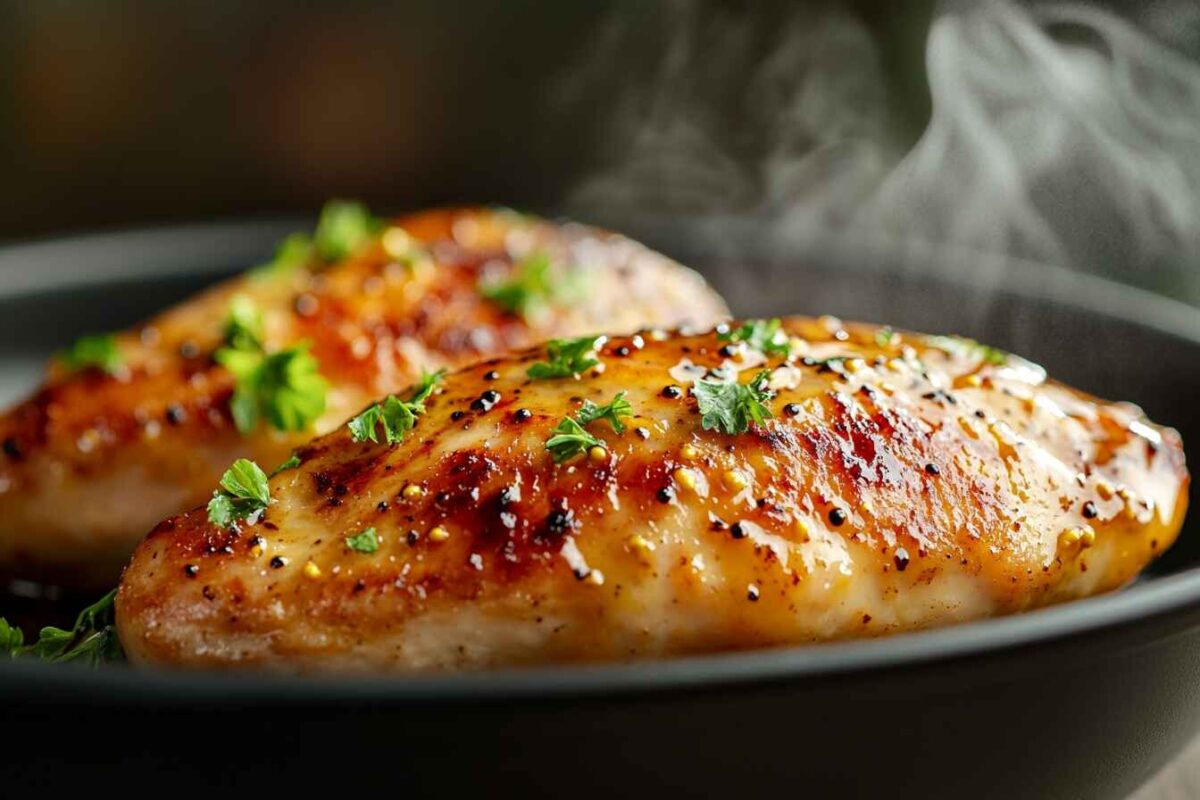 How to Make Air Fryer Chicken Breast with Whole-Grain Mustard 3 Cooked Air Fryer Chicken Breast In The Fryer Basket With A Golden Brown Mustard Glaze.