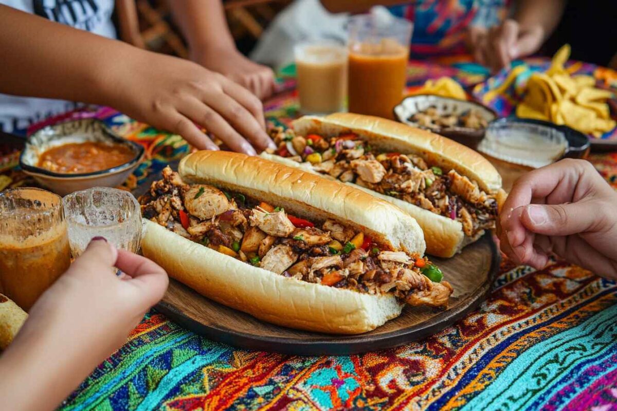 How to Make Authentic Pan con Pollo: A Salvadoran Classic 3 Festive Family Gathering Enjoying Pan Con Pollo Sandwiches, Surrounded By Traditional Salvadoran Decor And Side Dishes.