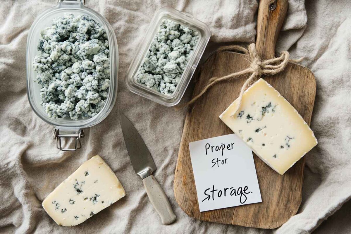 Everything You Need To Know About Blue Cheese Crumbles 3 Flat Lay Image Of Blue Cheese Crumbles In An Airtight Container, Accompanied By A Block Of Blue Cheese And A Small Knife On A Rustic Cutting Board.
