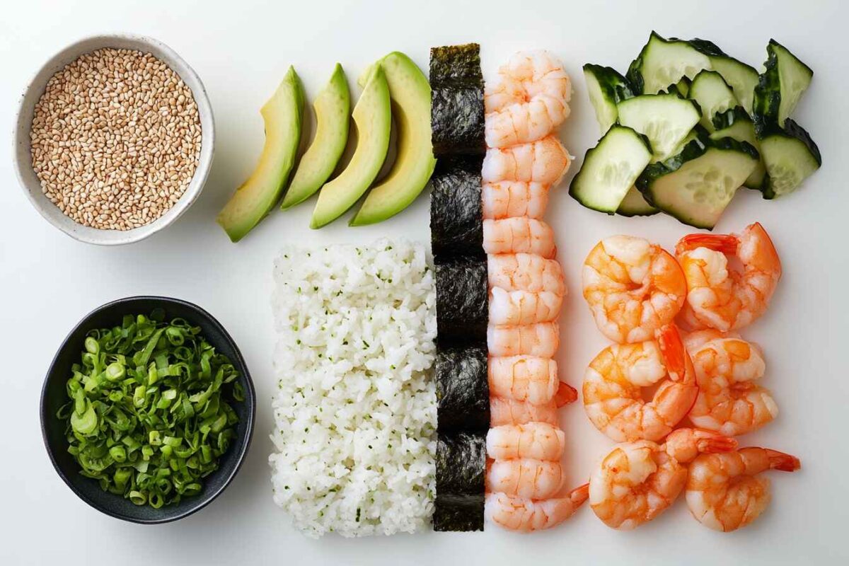 Boston Roll Ingredients And Variations You’ll Love To Try 2 Flat Lay Photo Of Boston Roll Ingredients Cooked Shrimp, Avocado Slices, Cucumber Strips, Sushi Rice, Nori, And Sesame Seeds.