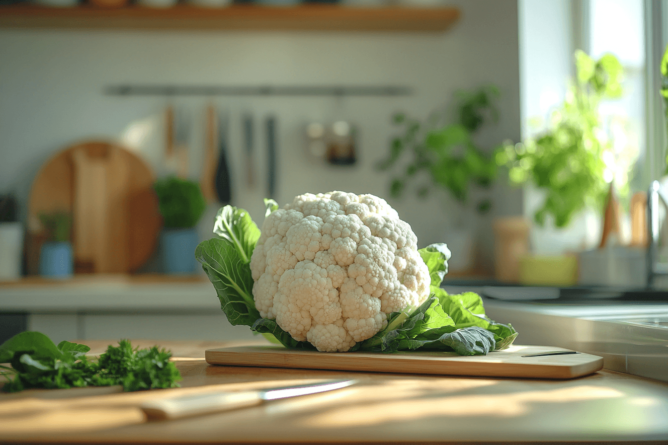 Fresh White Broccoli (cauliflower) On A Wooden Kitchen Countertop, Surrounded By Green Leaves And Natural Light.