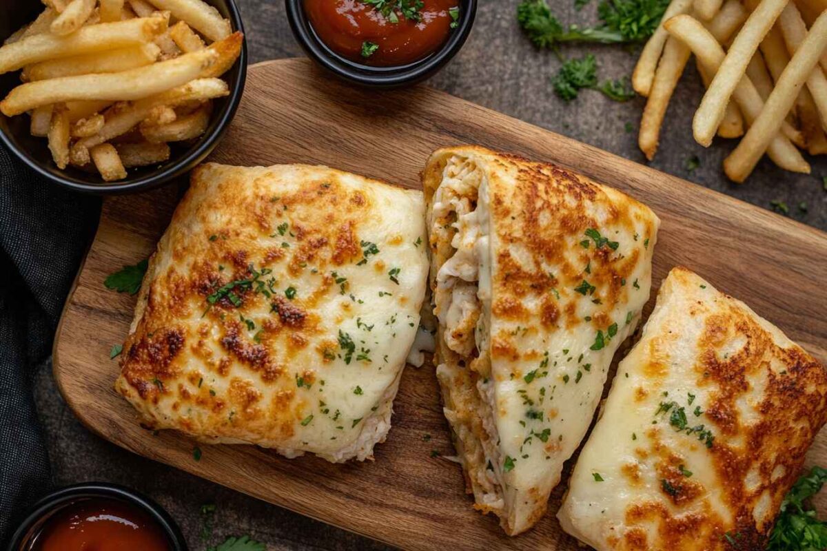 How To Make The Most Delicious Cheesy Garlic Chicken Wraps At Home 3 Freshly Toasted Cheesy Garlic Chicken Wraps With Dipping Sauces And Fries On A Wooden Board.