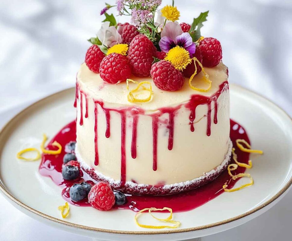 Why This Raspberry Lemon Cake Is the Most Refreshing Dessert You Need Right Now! 3 Frosted Raspberry Lemon Cake With Decorative Raspberries, Lemon Zest, And Edible Flowers On A Cake Stand.