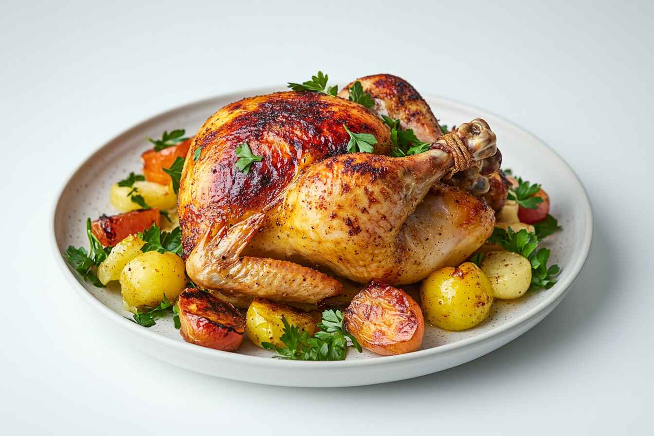 Golden Brown Roasted Chicken Served With Potatoes, Carrots, And Fresh Parsley On A White Plate.
