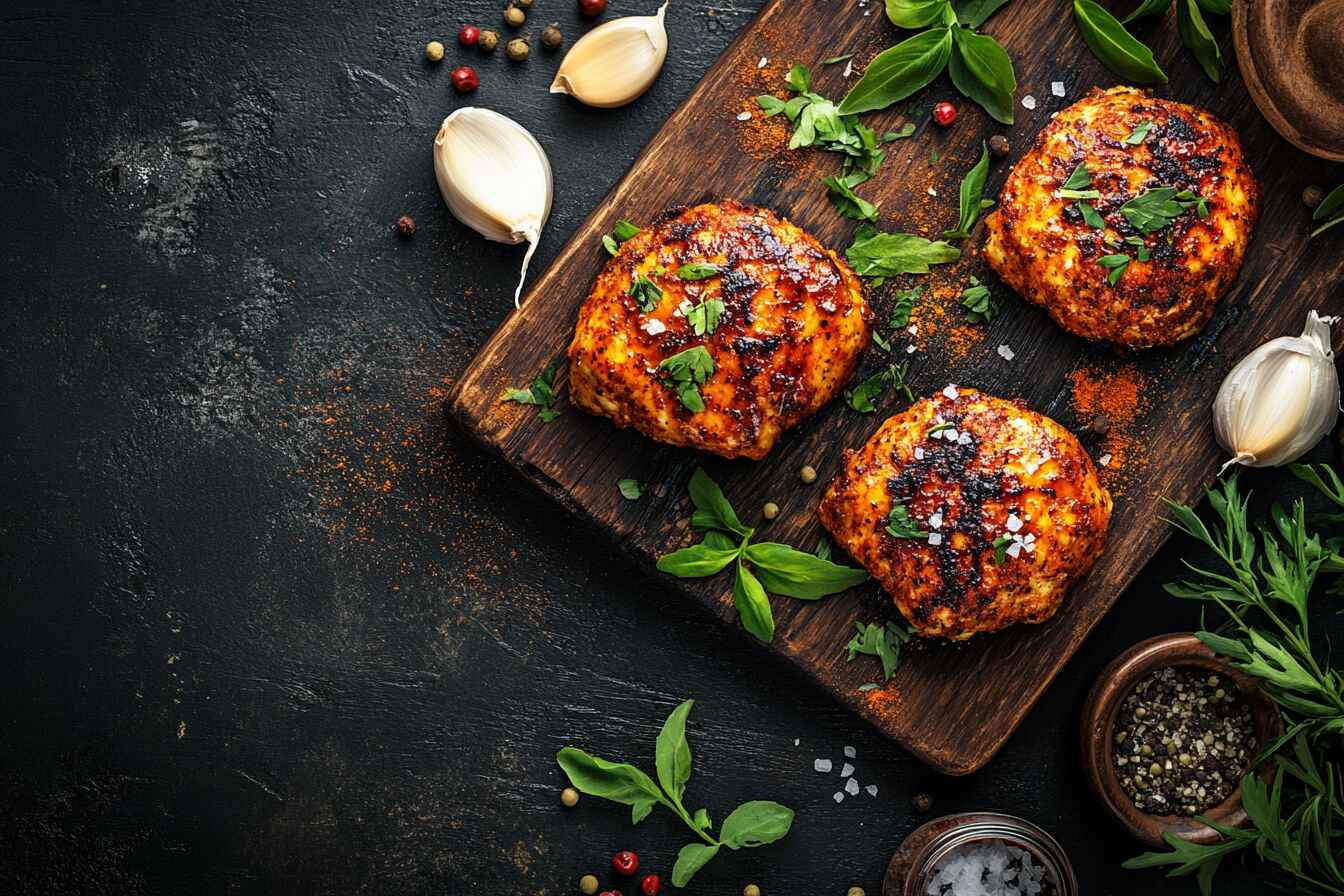 Golden Brown Spicy Chicken Patties Garnished With Herbs And Surrounded By Spices On A Wooden Board.
