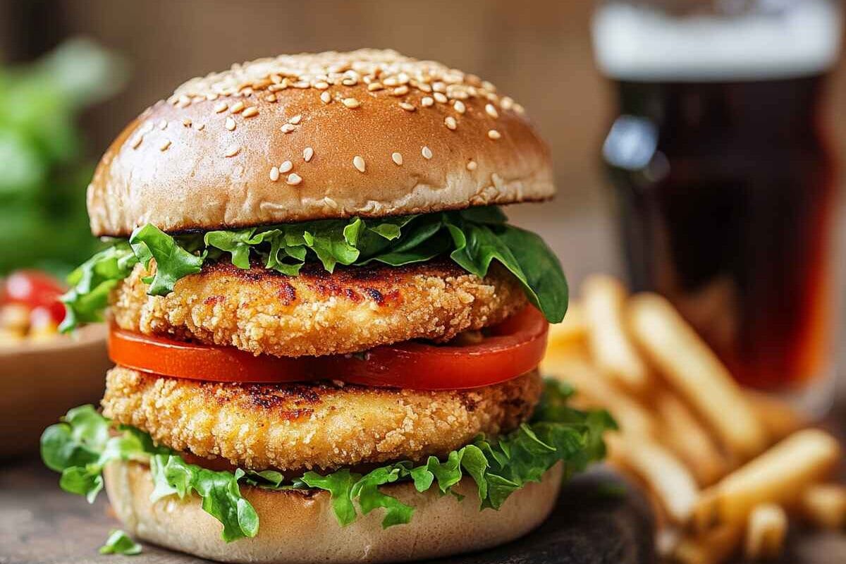 Golden Crispy Chicken Burger With Fresh Toppings And Toasted Brioche Bun, Served With Fries And Soda.