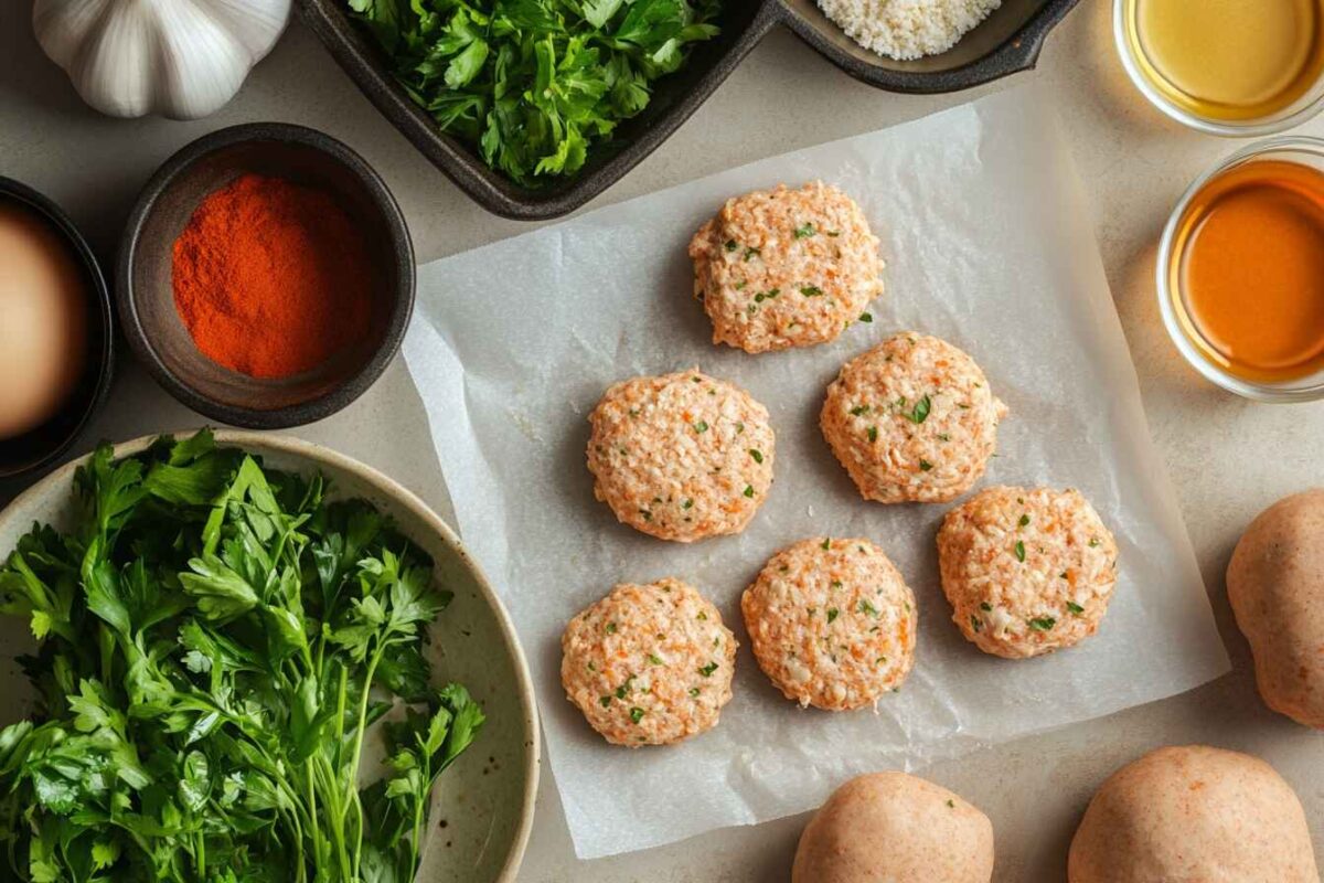 Spicy Chicken Patties Recipe That Will Blow Your Mind! 2 Ground Chicken Mixture In A Bowl With Shaped Patties On Parchment Paper, Ready For Cooking.
