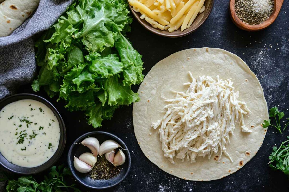 How To Make The Most Delicious Cheesy Garlic Chicken Wraps At Home 2 Ingredients For Cheesy Garlic Chicken Wraps, Including Tortillas, Chicken, Cheese, Garlic, And Sauce, On A Dark Countertop.