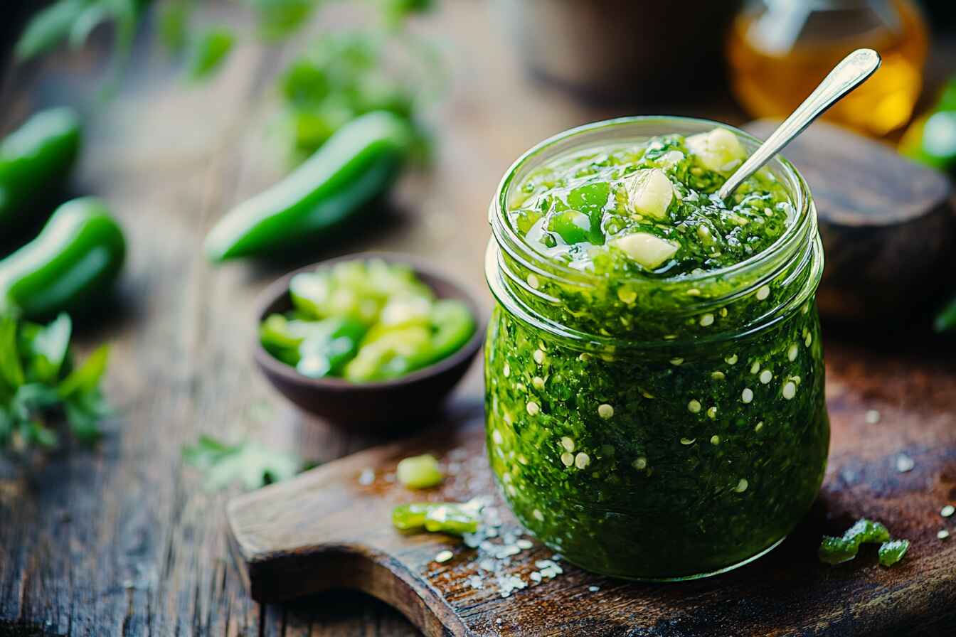 Jar Of Fresh Homemade Jalapeño Relish Surrounded By Ingredients Like Jalapeños, Vinegar, And A Cutting Board On A Rustic Wooden Surface.