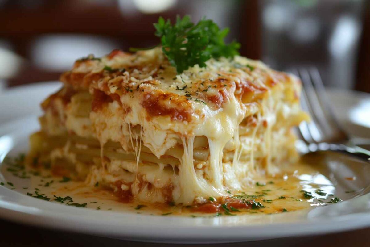 Shredded Provolone Cheese: Unlock Its Delicious Secrets 3 Layered Lasagna On A White Ceramic Plate, Featuring Marinara, Pasta, And Melted Shredded Provolone Cheese, Garnished With Parsley And Served With A Fork On The Side.