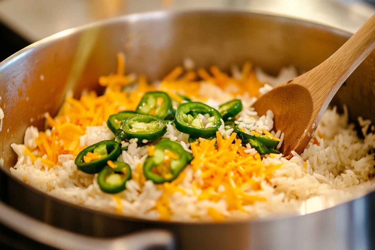 Vegan Jalapeño Cheese Rice Casserole 2 Mixing Rice, Creamy Vegan Cheese Sauce, And Diced Jalapeños In A Bowl To Prepare A Vegan Casserole.