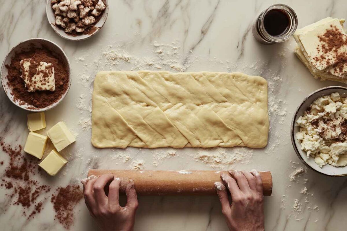 How To Make The Fluffiest Cinnamon Danish Pastries At Home 2 Overhead Shot Of A Baker Rolling Out Dough To Make Cinnamon Danish Pastries, With Cinnamon Sugar Ingredients Nearby.