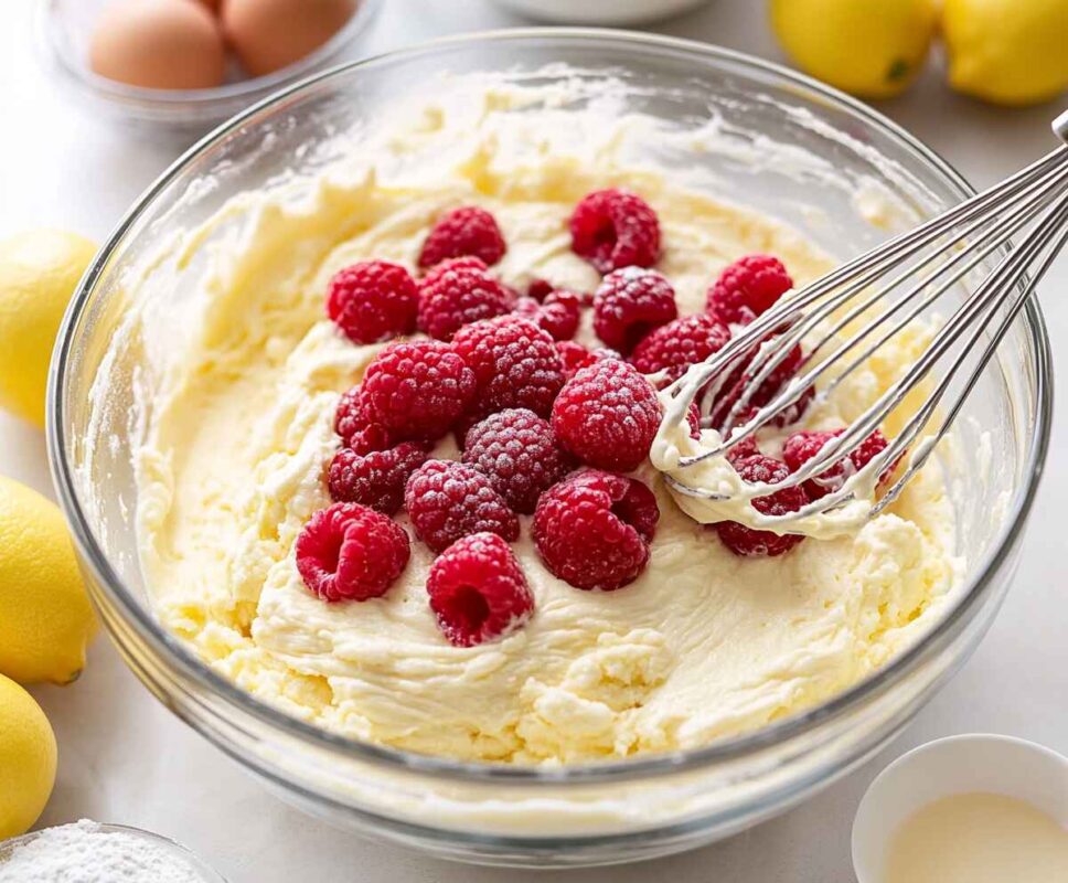 Why This Raspberry Lemon Cake Is the Most Refreshing Dessert You Need Right Now! 2 Raspberry Lemon Cake Batter With Fresh Raspberries Being Mixed In A Bowl.