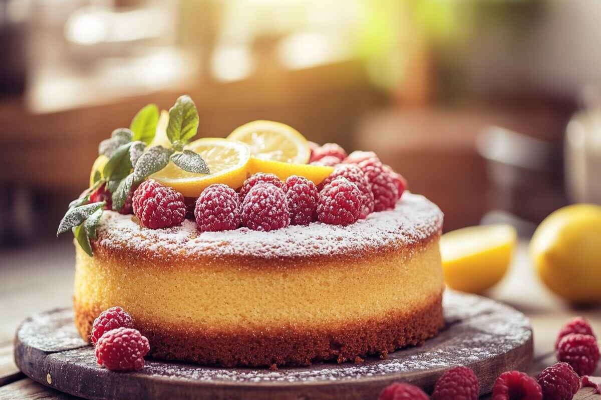 Raspberry Lemon Cake Topped With Fresh Raspberries And Lemon Slices, Sitting On A Wooden Table.