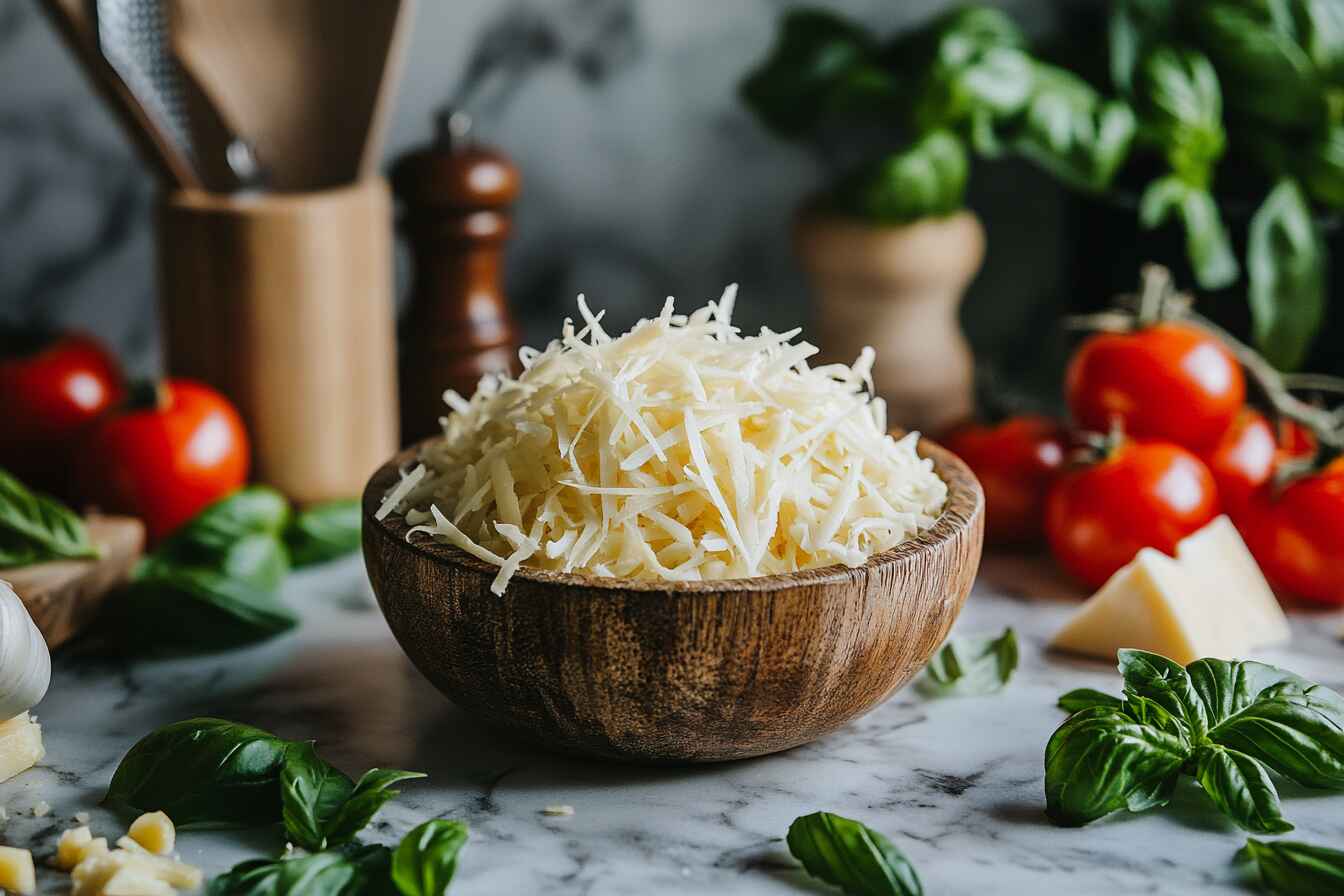 Shredded Provolone Cheese In A Wooden Bowl With Fine Shreds Scattered On A Marble Countertop, Surrounded By Fresh Basil, Tomatoes, And A Grater In A Warm, Rustic Kitchen Setting.