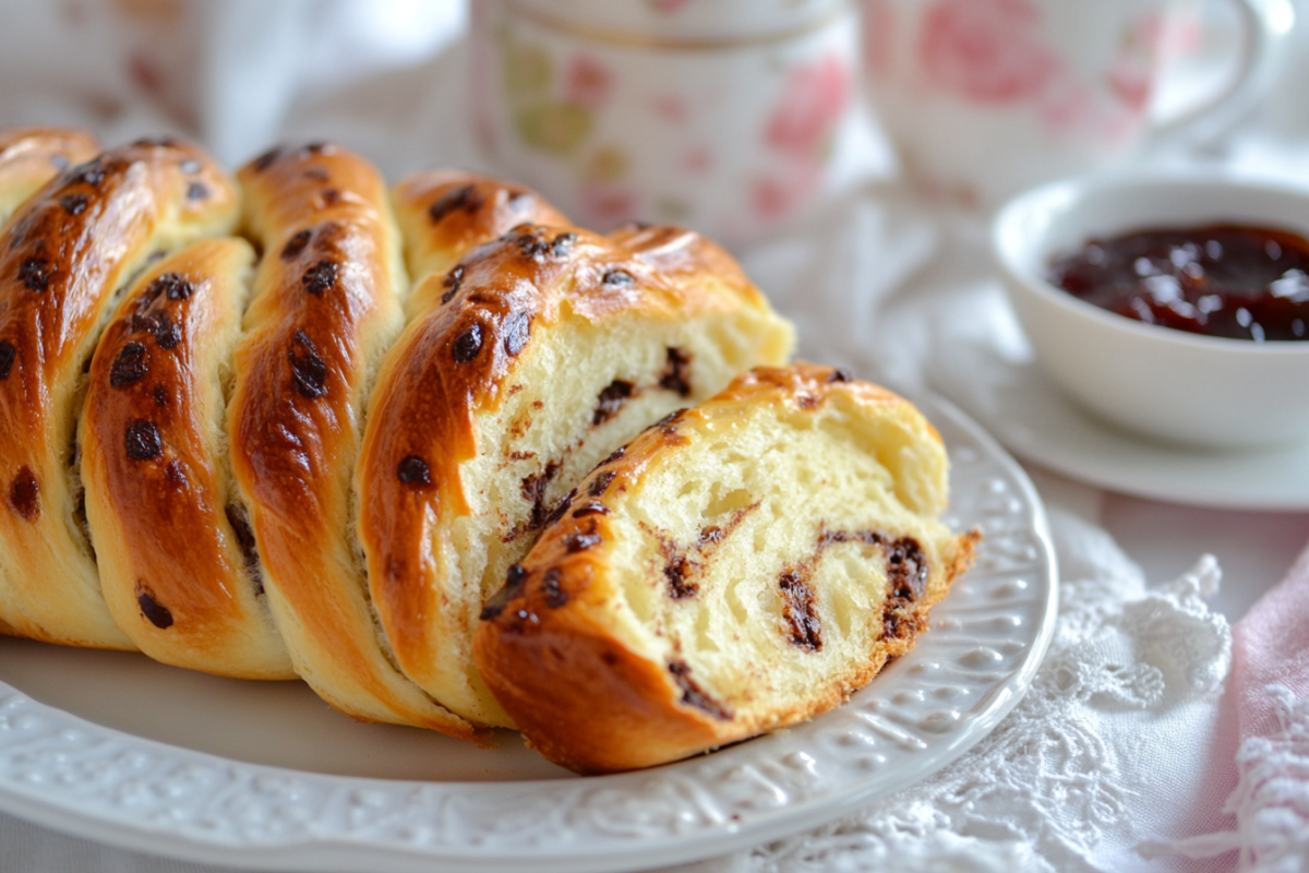 The Ultimate Braided Chocolate Chip Brioche Recipe You’ll Ever Need! 3 Slices Of Braided Chocolate Chip Brioche On A White Plate, Showing Its Soft Interior, Paired With Coffee And Jam On A Cozy Breakfast Table.