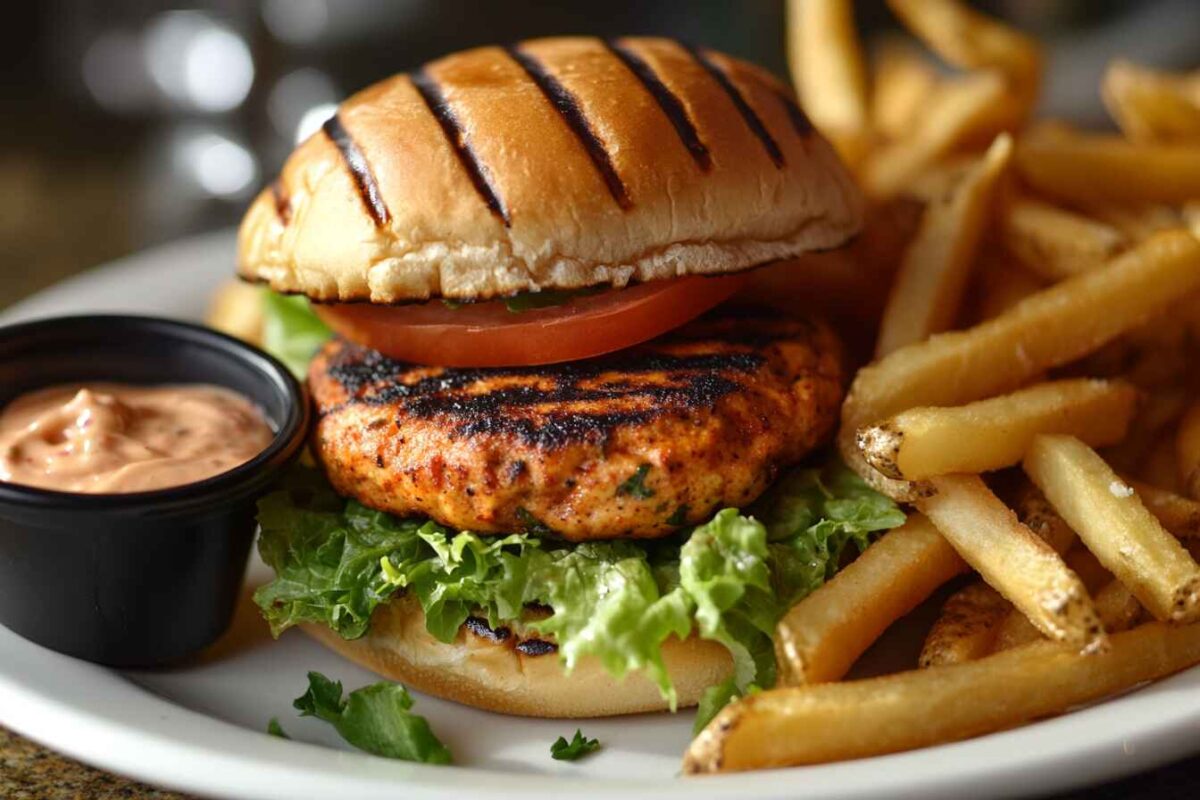 Spicy Chicken Patties Recipe That Will Blow Your Mind! 3 Spicy Chicken Patties Served As Burgers With Fries And Dipping Sauce On A Plate.