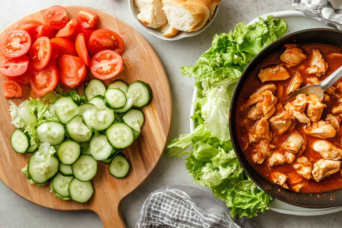 How to Make Authentic Pan con Pollo: A Salvadoran Classic 2 Step By Step Preparation Of Pan Con Pollo, Featuring Fresh Vegetables, Marinated Chicken In Tomato Sauce, And Toasted Bread Rolls.