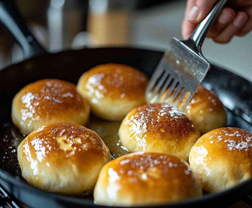 The Best 1 Crispy Burger Recipe That Rivals Your Favorite Restaurant! 3 Crispy Burger : Brioche Buns In A Skillet, Golden Brown And Lightly Buttered, With A Hand Flipping Them Using A Spatula.