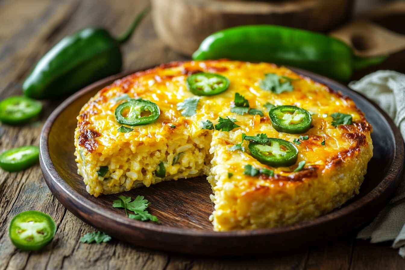 Vegan Jalapeño Cheese Rice Casserole With Melted Vegan Cheese And Fresh Jalapeños, Garnished With Cilantro In A Rustic Baking Dish.
