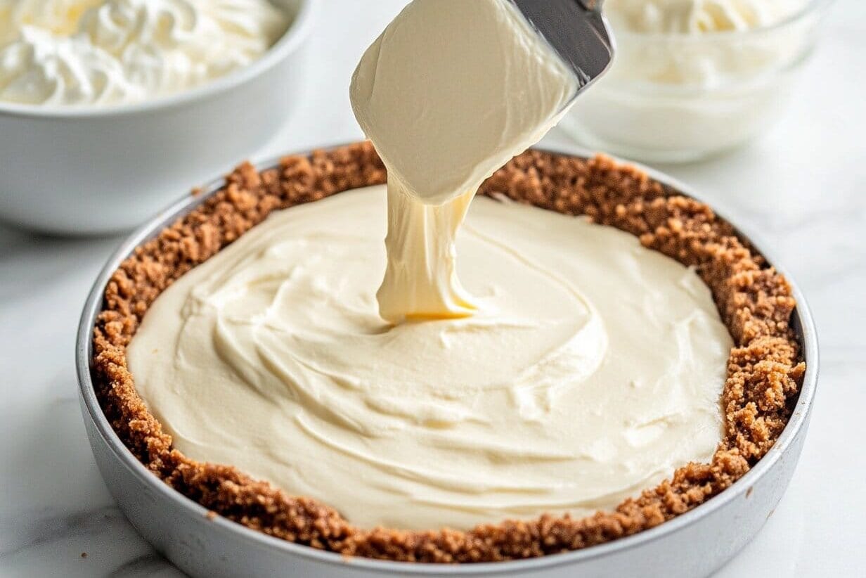 What Is Cheesecake Filling Made From? 2 Smooth no-bake cheesecake filling being poured into a graham cracker crust.