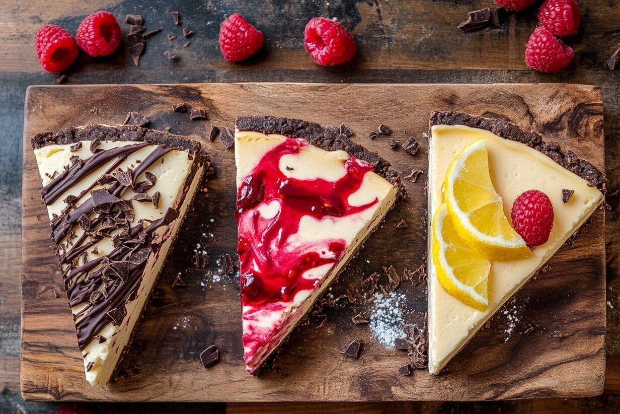 What Is Cheesecake Filling Made From? 3 Three cheesecake slices with chocolate, raspberry, and lemon variations on a rustic wooden board.