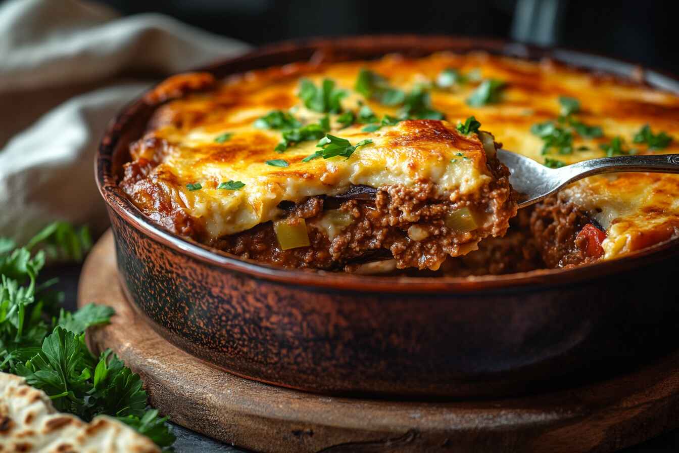 a freshly baked musakka in a rustic ceramic baking dish