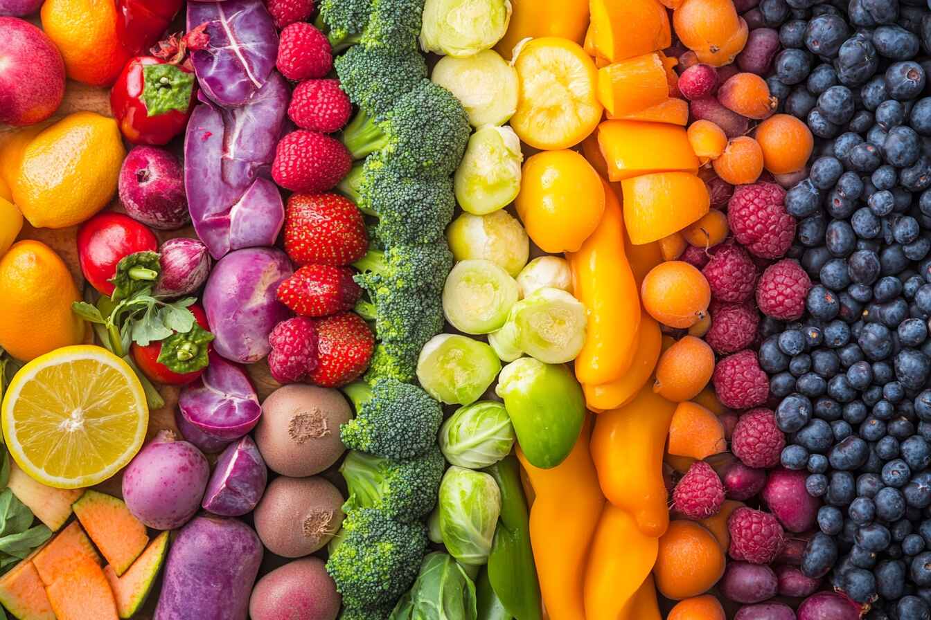 A vibrant assortment of fruits and vegetables arranged in a rainbow pattern, showcasing fresh produce like lemons, strawberries, broccoli, peppers, blueberries, and more.