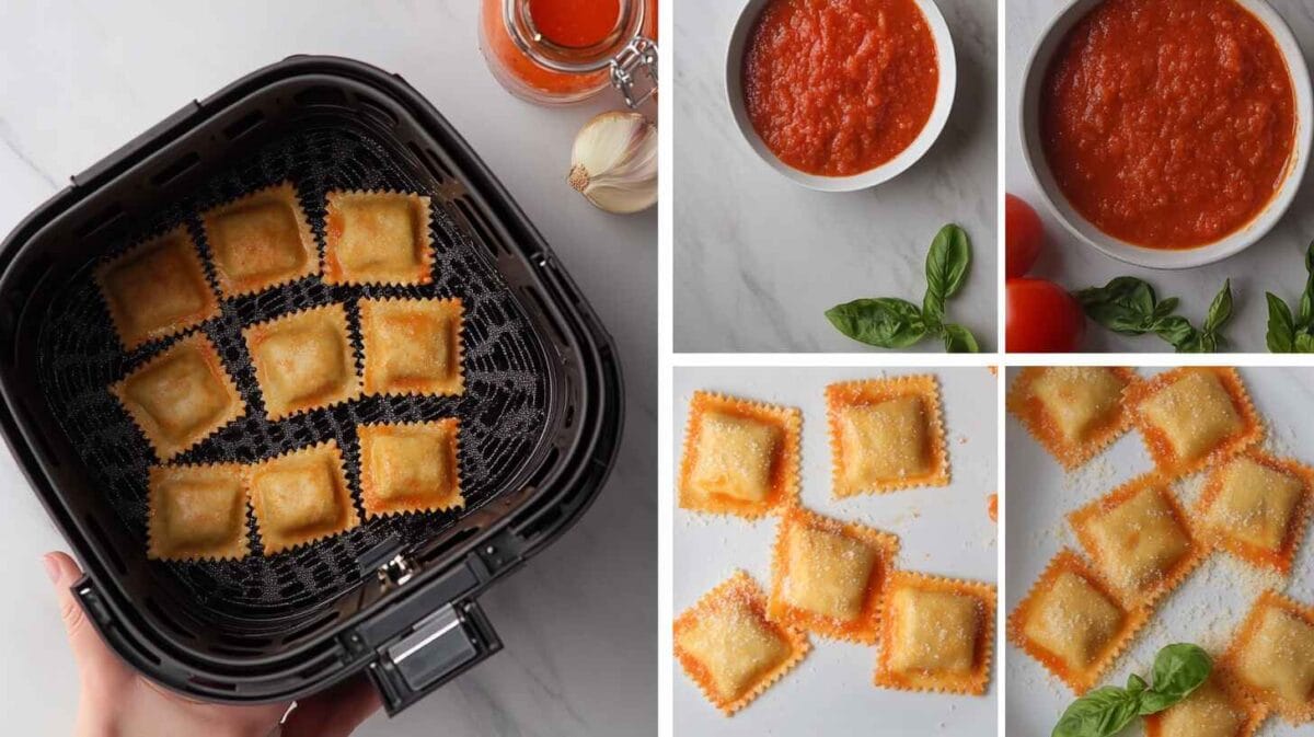 Crispy Air Fryer Ravioli: The Ultimate Guide 4 A Step By Step Collage Showing Ravioli Being Placed Into An Air Fryer Basket, Golden Crispy Ravioli Fresh Out Of The Air Fryer