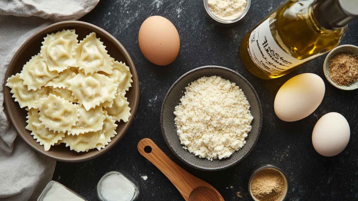 Crispy Air Fryer Ravioli: The Ultimate Guide 2 Flat Lay Of Fresh Ravioli, Breadcrumbs, Eggs, Parmesan Cheese, Italian Seasoning, And Olive Oil On A Dark Kitchen Counter.