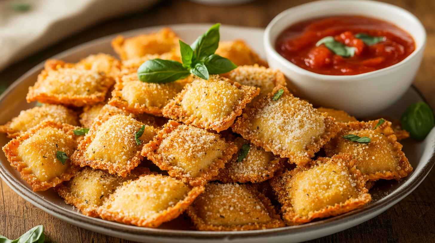 Golden, Crispy Air Fryer Ravioli Served With Marinara Sauce And Parmesan Cheese On A Rustic Wooden Plate.