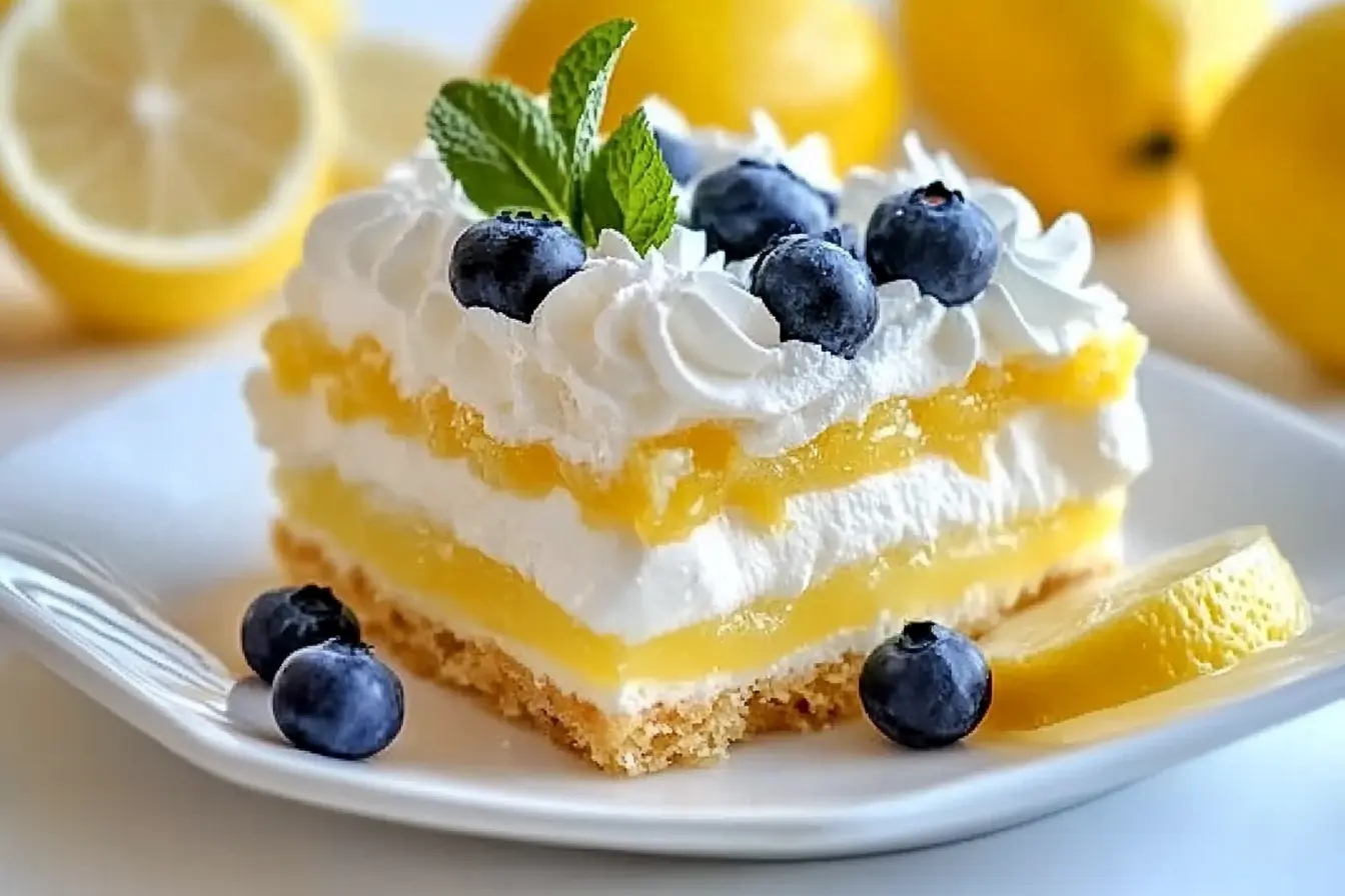 Lemon Cream Cheese Dump Cake Served In A White Baking Dish, Topped With Powdered Sugar And Garnished With Lemon Slices (3)