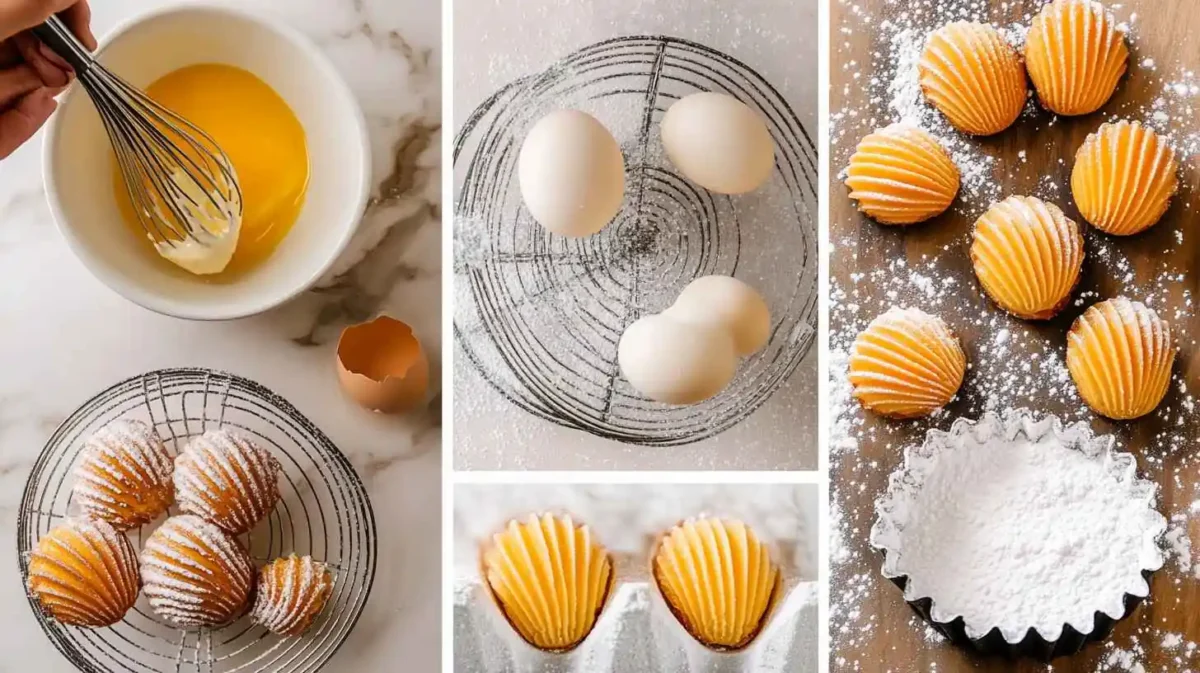 The Best Madeline Cookies Recipe Using Cream – Soft, Buttery & Irresistible! 3 A Collage Of The Madeline Cookie Making Process, From Mixing Ingredients To Baking.