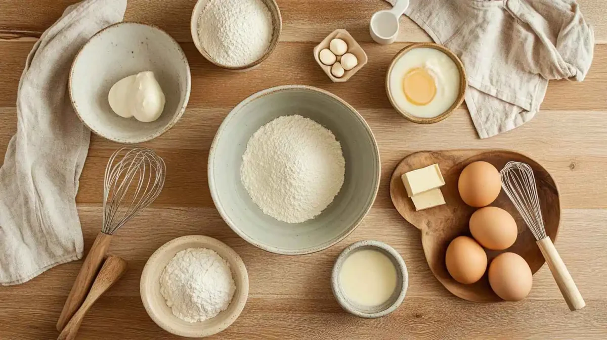 The Best Madeline Cookies Recipe Using Cream – Soft, Buttery & Irresistible! 2 A Flat Lay Of Ingredients For Madeline Cookies, Including Flour, Sugar, Eggs, Butter, And Vanilla.