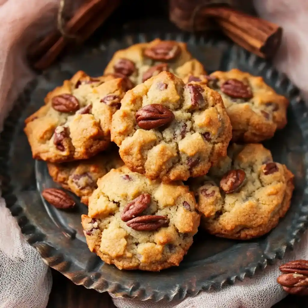 A rustic plate filled with golden-brown Peacekeeper Cookies, each topped with a whole pecan, creating a crunchy, buttery texture.