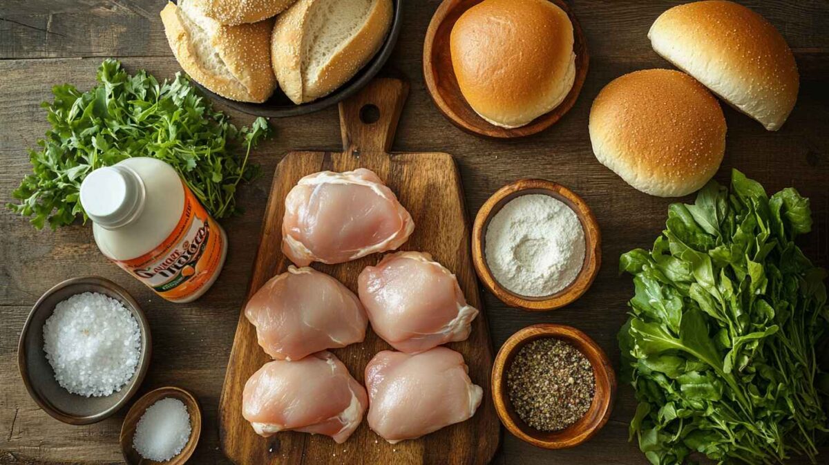 Easy Crock-Pot Ranch Chicken Sandwiches: A Complete Guide 2 Raw Chicken Breasts, Ranch Dressing, Seasonings, And Bread Displayed On A Wooden Countertop, Ready For Making Crock Pot Ranch Chicken Sandwiches.