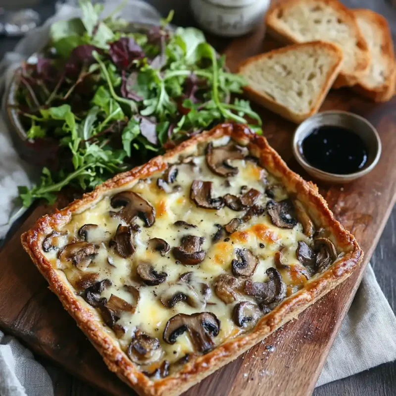Mastering the Swiss Mushroom Melt Delight: A Step-by-Step Guide 3 Swiss Mushroom Tart Served With A Fresh Green Salad, Balsamic Reduction, And Crusty Bread, Ready To Be Enjoyed.