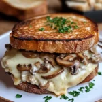 Gourmet Mushroom And Swiss Cheese Melt Sandwich With Caramelized Onions, Grilled Bread, And A Juicy Beef Patty.