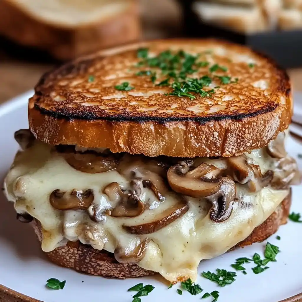 Gourmet Mushroom And Swiss Cheese Melt Sandwich With Caramelized Onions, Grilled Bread, And A Juicy Beef Patty.